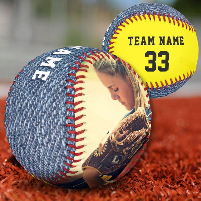 Balle De Softball Nom de l'équipe Numéro Denim Jeans Photo personnal (Créateur téléchargé)
