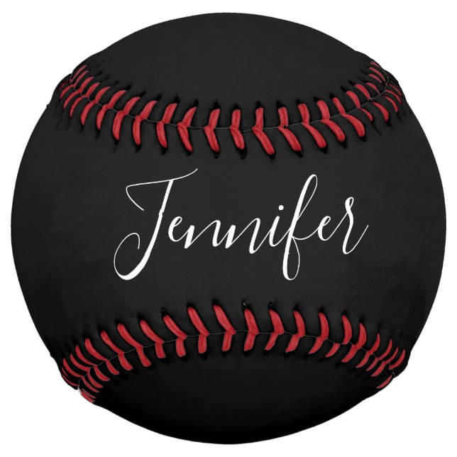 Balle De Softball Votre nom | Élégant script blanc sur noir (Devant)