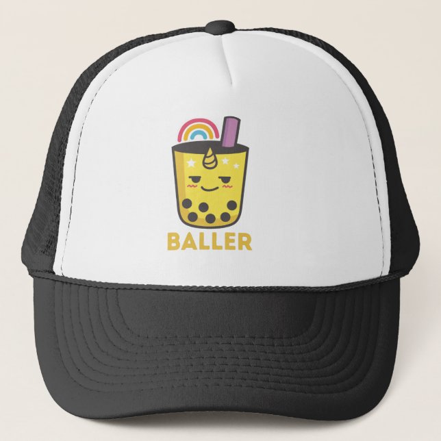 Baller Kawaii Unicorn Boba Drink Truckerkappe (Vorderseite)