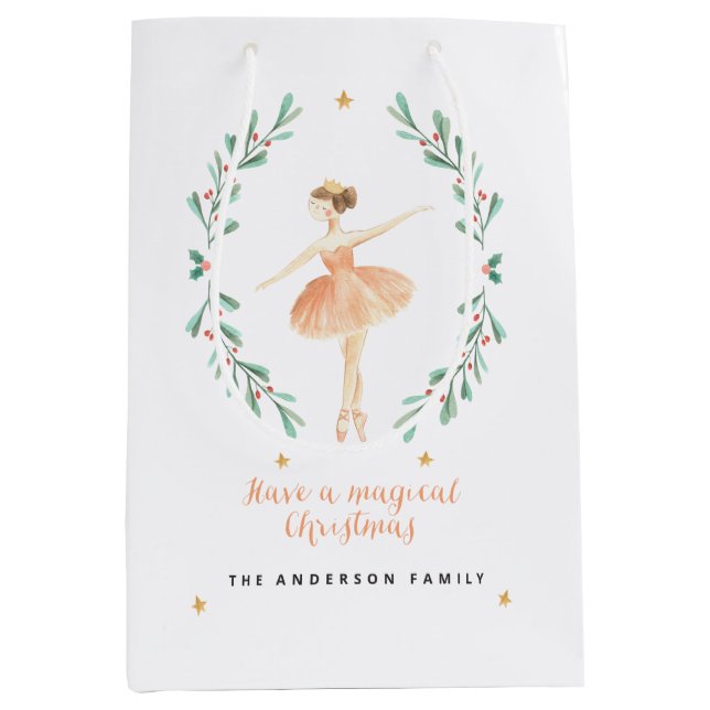 Ballerina Aquarellfarbe niedliche Weihnachten Mittlere Geschenktüte (Vorderseite)