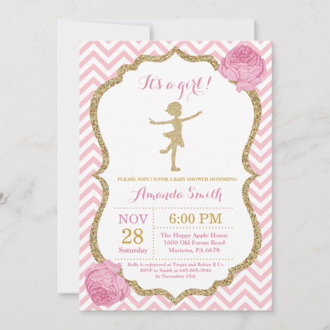 Ballerina Baby Dusche Rosa und Gold Glitzer Einladung (Vorderseite)