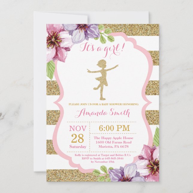 Ballerina Baby Dusche Rosa und Gold Glitzer Einladung (Vorderseite)