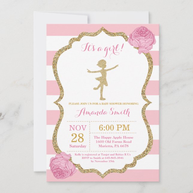 Ballerina Baby Dusche Rosa und Gold Glitzer Einladung (Vorderseite)