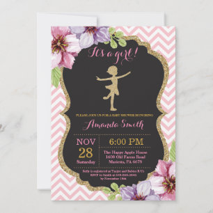 Ballerina Baby Dusche Rosa und Gold Glitzer Einladung
