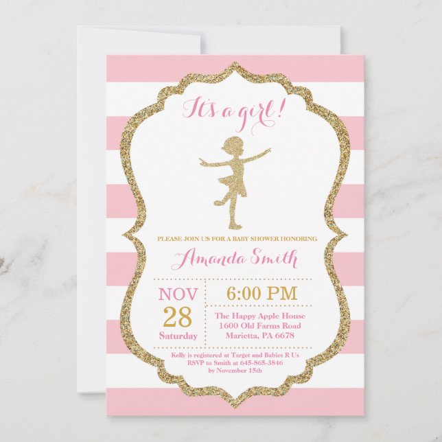 Ballerina Baby Dusche Rosa und Gold Glitzer Einladung (Vorderseite)
