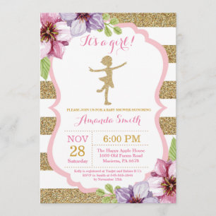 Ballerina-Baby-Duschen-Rosa und GoldGlitzer Einladung