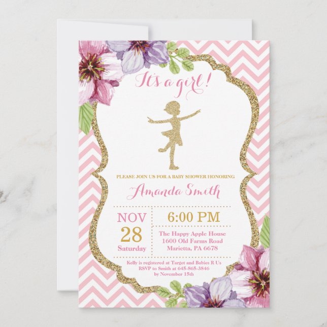 Ballerina-Baby-Duschen-Rosa und GoldGlitzer Einladung (Vorderseite)
