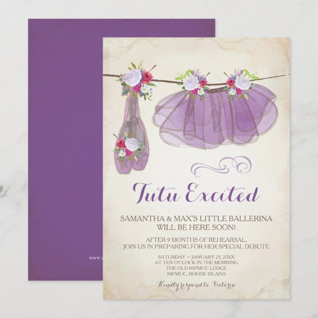 Ballerina Baby shower Invitation fille, violet (Devant / Derrière)