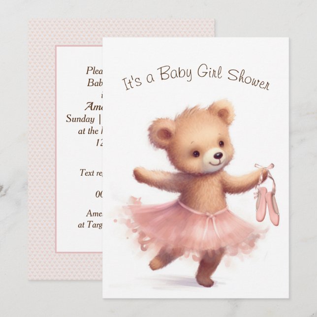 Ballerina Bear Baby Girl Dusche Einladung (Vorne/Hinten)