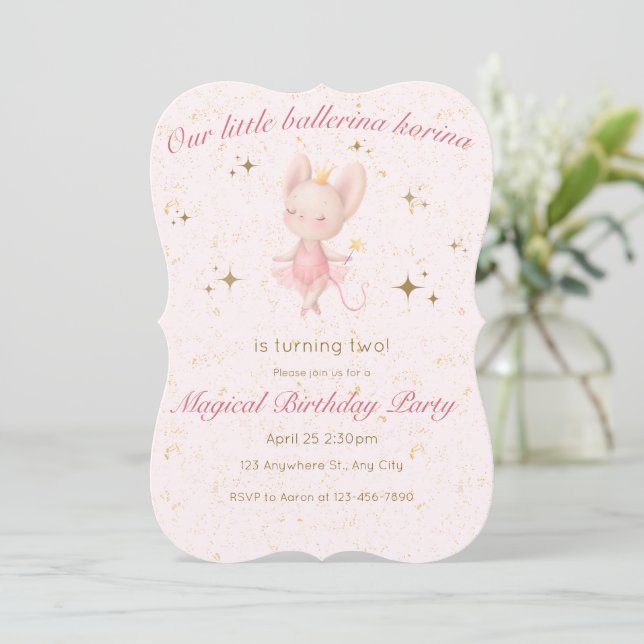 Ballerina Birthday Einladung in Rosa und Gold (Stehend Vorderseite)