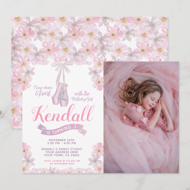 Ballerina Birthday Einladung mit Foto (Vorne/Hinten)