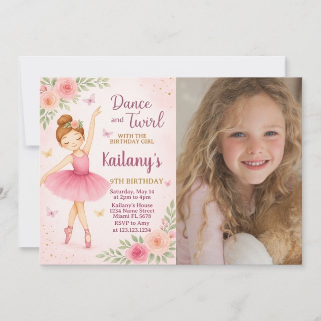 Ballerina Birthday Einladung mit Foto (Vorderseite)