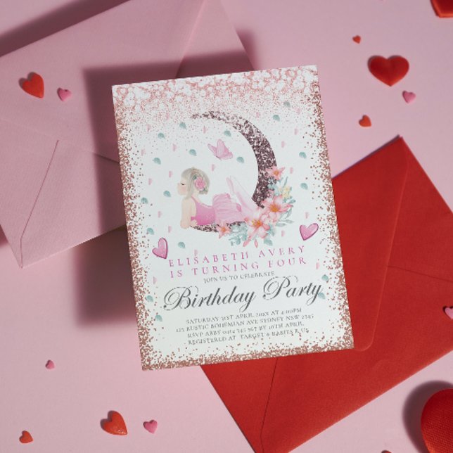 Ballerina Birthday Moon Pastel Pink Glitzer Einladung (Von Creator hochgeladen)