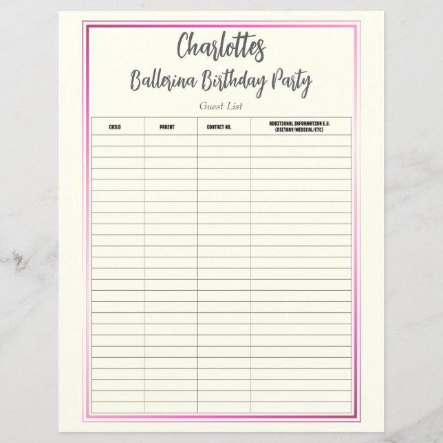 Ballerina Birthday Party Guest List (Vorderseite)