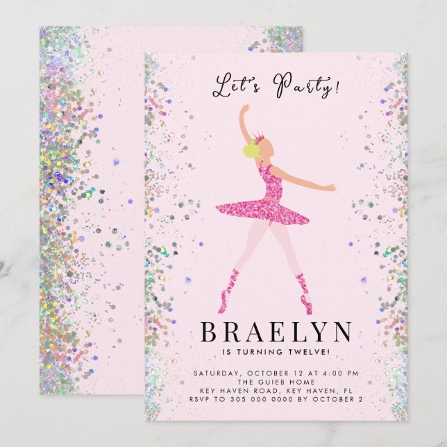 Ballerina Birthday Party Rosa Glitzer Design Einladung (Vorne/Hinten)
