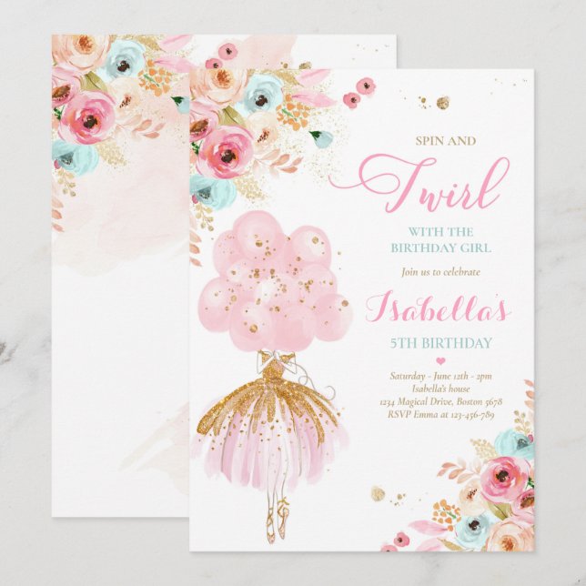 Ballerina Birthday Rosa Minze und Gold Blumenballe Einladung (Vorne/Hinten)