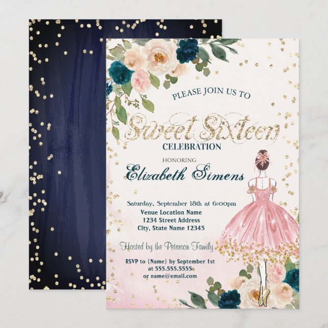 Ballerina Blume Diamonds Navy Blue Sweet 16 Einladung (Vorne/Hinten)