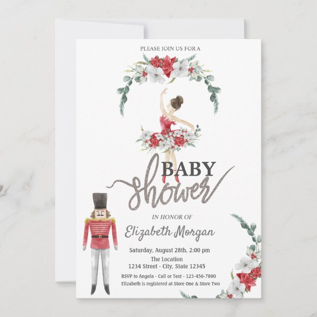 Ballerina Blume Nutcracker Babydusche Einladung (Vorderseite)