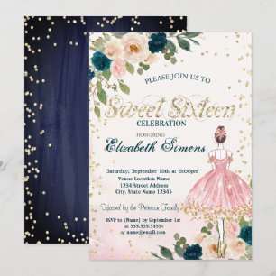 Ballerina Blumen Diamanten Marineblau Sweet 16  Einladung