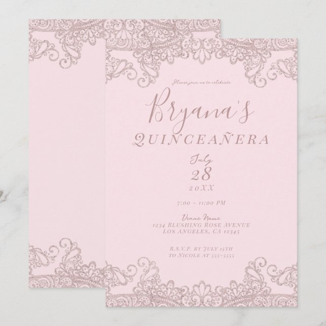 Ballerina Blush Pink Glitzer Lace Quinceañera Einladung (Vorne/Hinten)