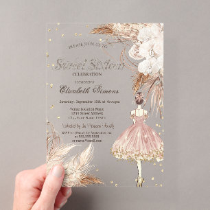 Ballerina Boho Blumen Roségold Sweet 16 Acryleinladungen