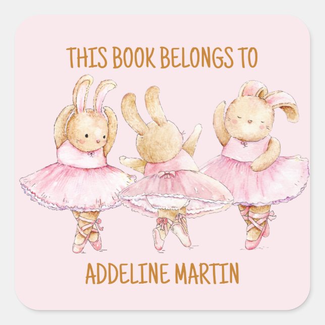 Ballerina Bunnies Dance Pink Child's Buchzeichen Quadratischer Aufkleber (Vorderseite)
