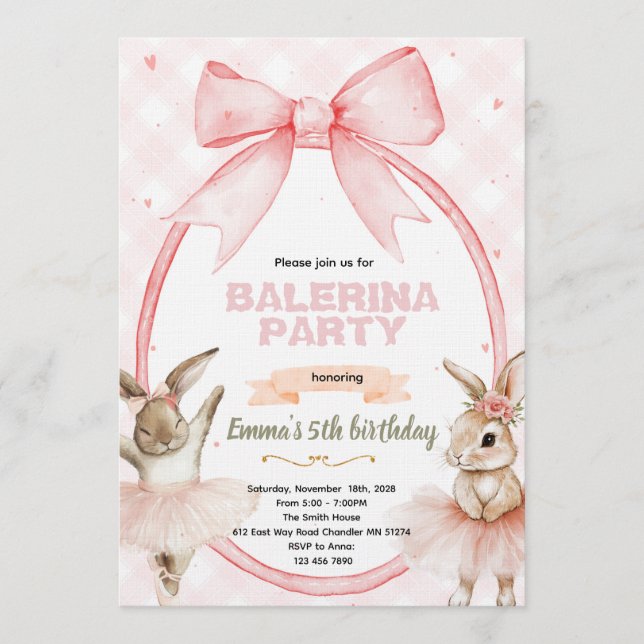 Ballerina Bunny Birthday Invitation (Devant)