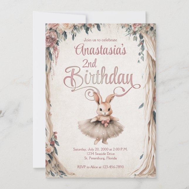 Ballerina Bunny Girl Geburtstag Einladung (Vorderseite)