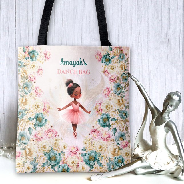Ballerina Dark Skin Girl Pink Aquamariner Blumendr Tasche (Ballerina Dark Skin Girl Pink Teal Floral Dance Tote Bag)