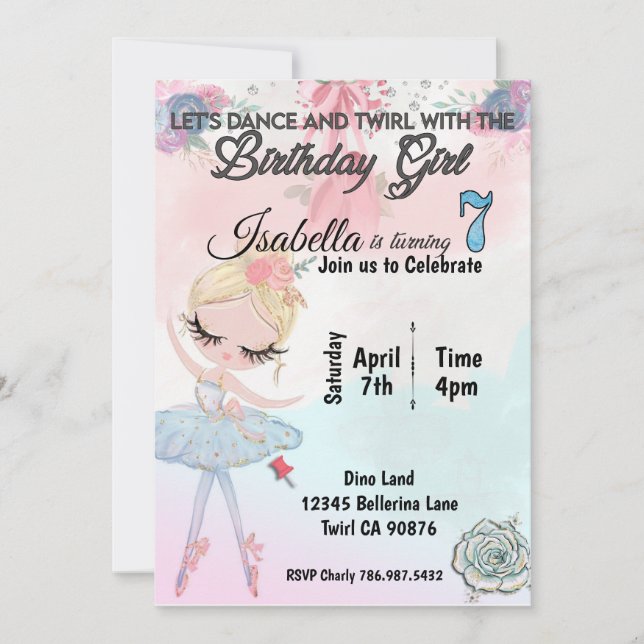 Ballerina, die die Einladung zum 7. Geburtstag (Vorderseite)