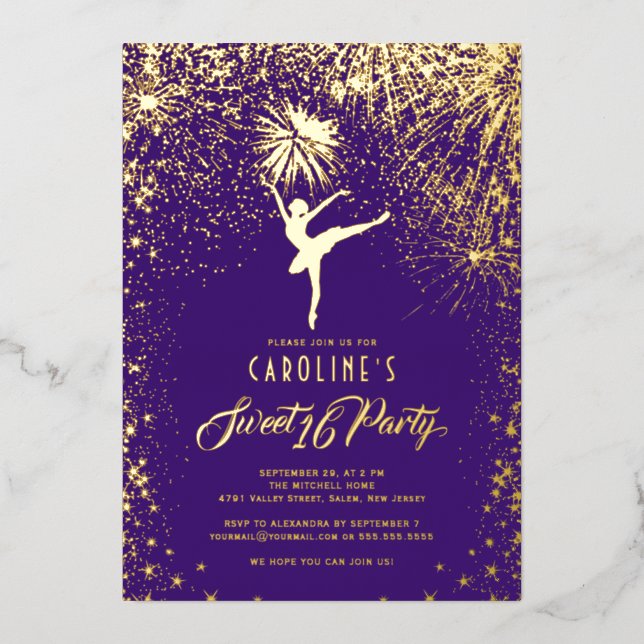 Ballerina Fireworks Elegant Sweet 16 Lila Gold Folieneinladung (Vorderseite)