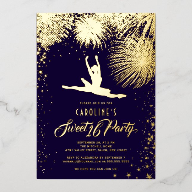 Ballerina Fireworks Stars Sparks Sweet 16 Gold Folieneinladung (Vorderseite)