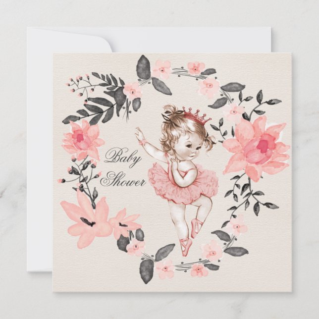 Ballerina Floral Watercolor Kinderdusche Einladung (Vorderseite)