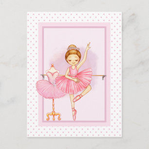Ballerina girl & teddy Bären pink polka dot Postkarte