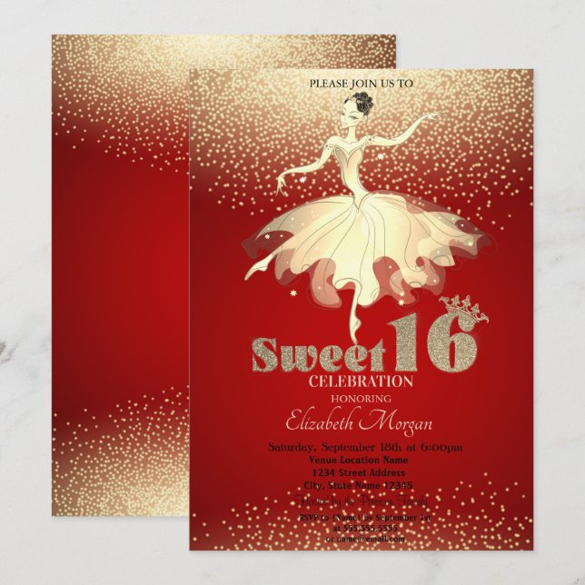 Ballerina, Gold Confetti Glitzer Red Sweet 16 Einladung (Vorne/Hinten)