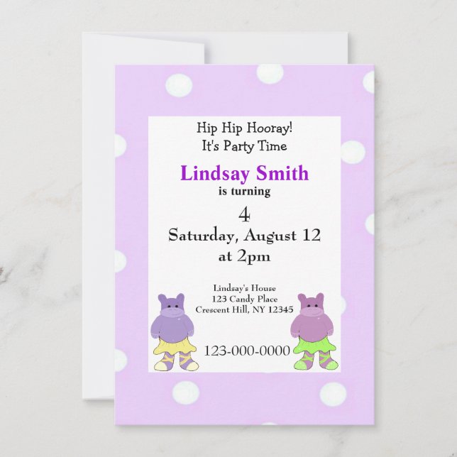 Ballerina Hippo Party Invitation (Devant)