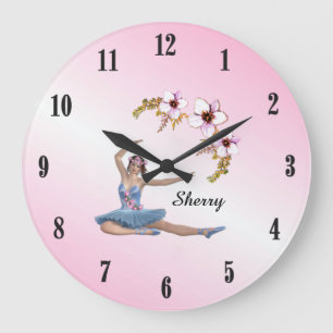 Ballerina in Blau Persönlicher Name Schwarze Zahle Große Wanduhr