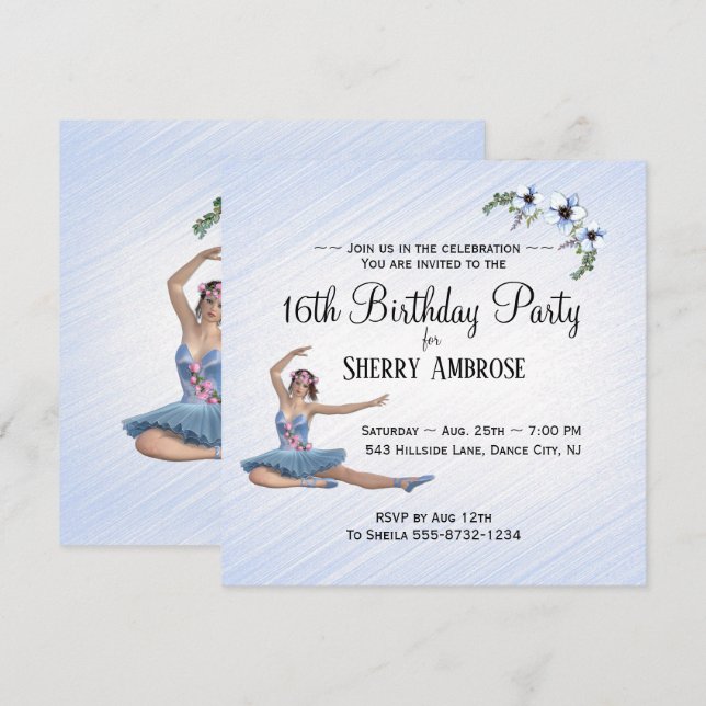 Ballerina in Blue Birthday Party Einladung (Vorne/Hinten)