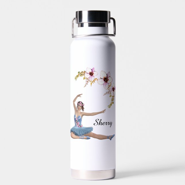 Ballerina in Blue Personal Pink Blume Trinkflasche (Rückseite)