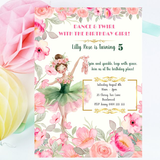Ballerina in Pink & Green Tutu Blumengeburt Einladung (Personalized Ballerina Birthday Invitation – Pink and Green Watercolo Ballet Party Invite )
