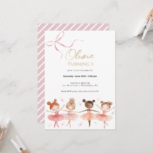 Ballerina Invitation fille anniversaire (Devant/Arrière en situation)