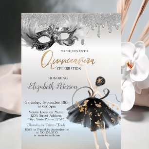 Ballerina-Maske Glittertropfen Silber Quinceanera Einladung