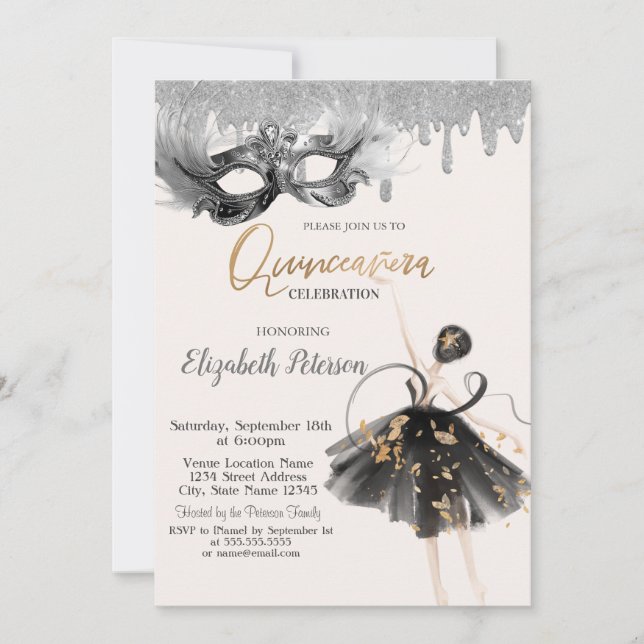  Ballerina Masque Glitter Drips Quinceanera Einladung (Vorderseite)
