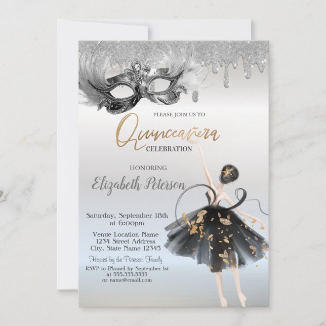  Ballerina Masque Glitter Drips Silver Quinceanera Einladung (Vorderseite)