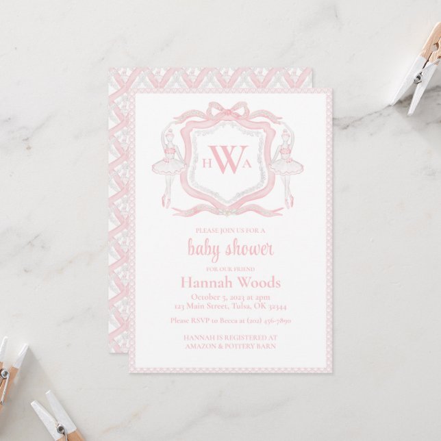 Ballerina Monogram Grandmillennial Baby Shower Einladung (Vorderseite/Rückseite Beispiel)
