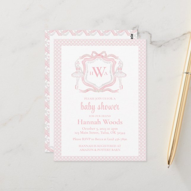 Ballerina Monogram Grandmillennial Baby Shower Postkarte (Vorderseite/Rückseite Beispiel)