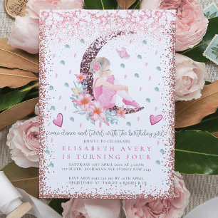 Ballerina Moon Pastel Pink Glitzer Geburtstag Einladung