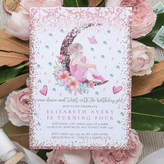 Ballerina Moon Pastel Pink Glitzer Geburtstag Einladung