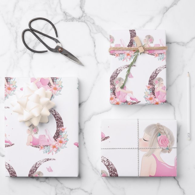 Ballerina Moon Pastel Pink Glitzer Geschenkpapier Set (Vorderseite)