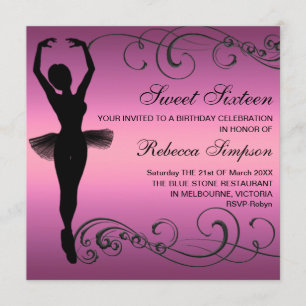 Ballerina noire et rose & Swirl Invitation Anniver